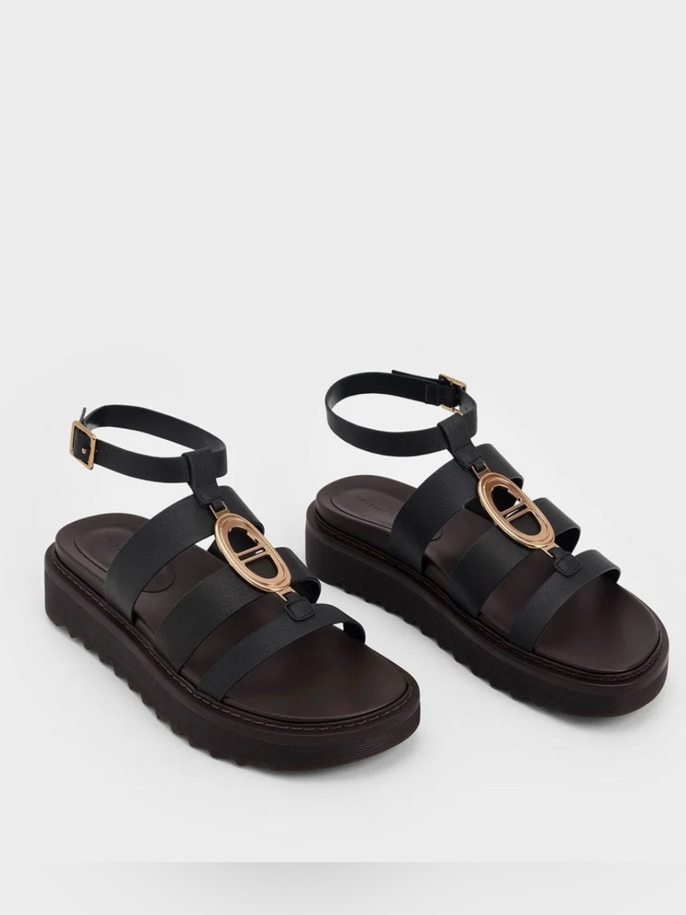 Charles & Keith Black Gladiator Sandals Gold Hardware 38-Never worn